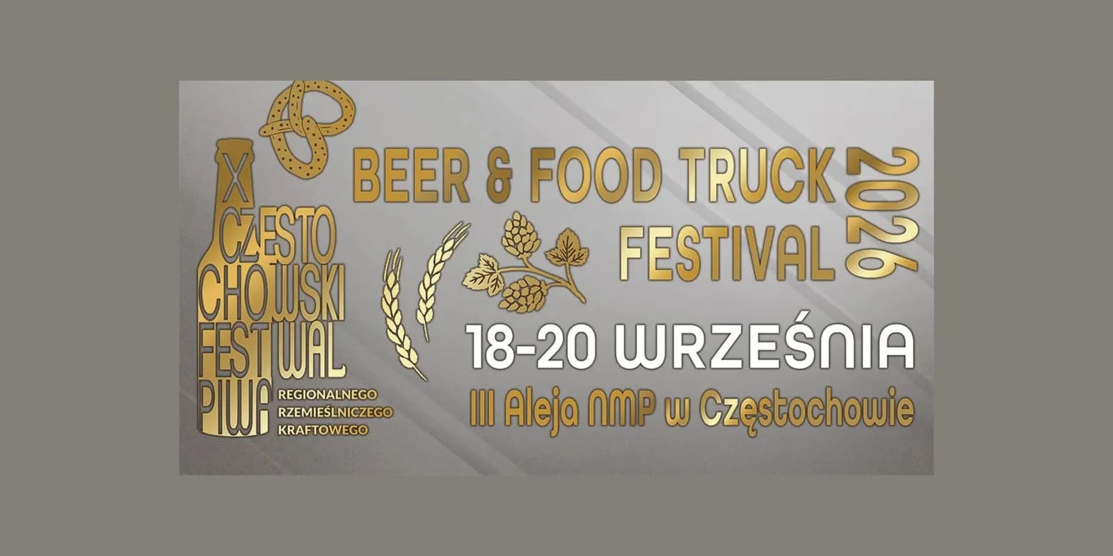 A golden and white poster advertising the Częstochowski Beer Festival, also known as the Beer & Food Truck Festival, from September 18-20, 2026, in Częstochowa.